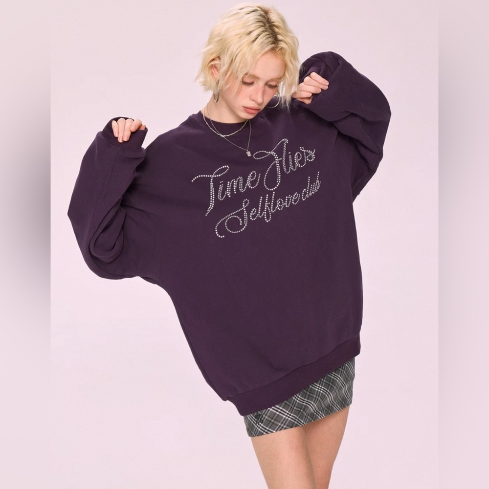 Purple Pearl-Embellished Sweatshirt – 100% Cotton, Cozy & Stylish